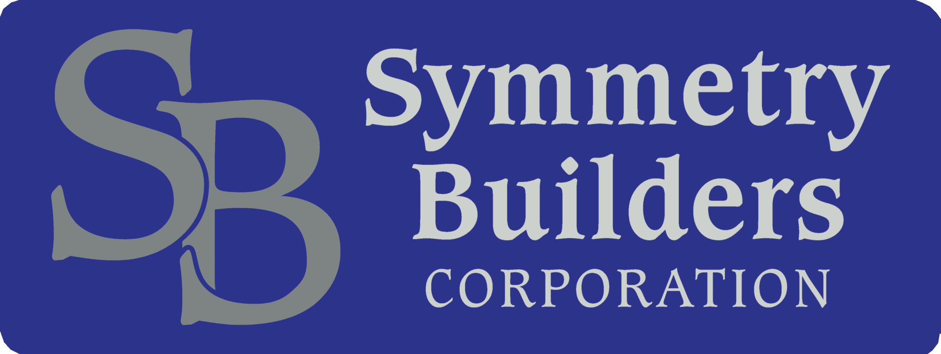 A blue and white logo for the symmetrical building corporation.